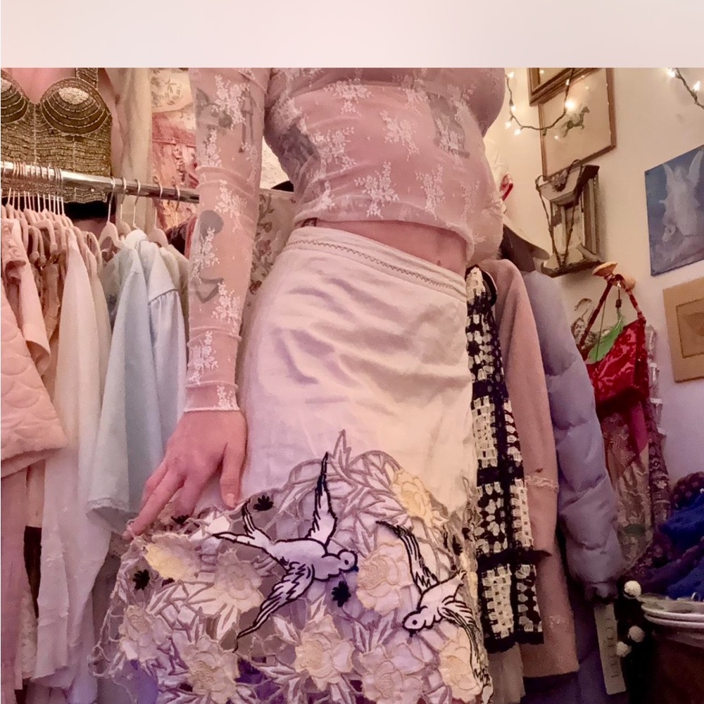 Lithe for Anthropologie Bird and Floral Midi Skirt 0